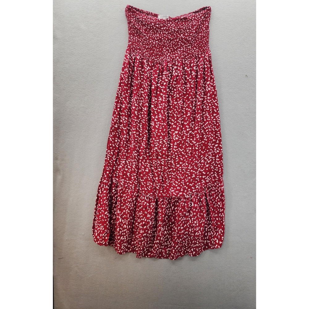 Miss Sparkling Red Floral Smocked‎ Midi Dress Strapless Off Shoulder Boho Large